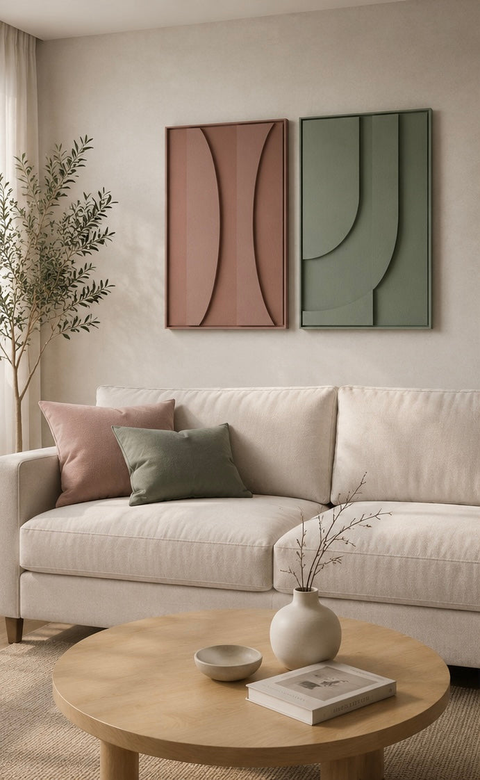 Earth & Sage Harmony – Handcrafted Abstract Wall Art (Set of 2) | Stretched Wooden Canvas | Wallorah
