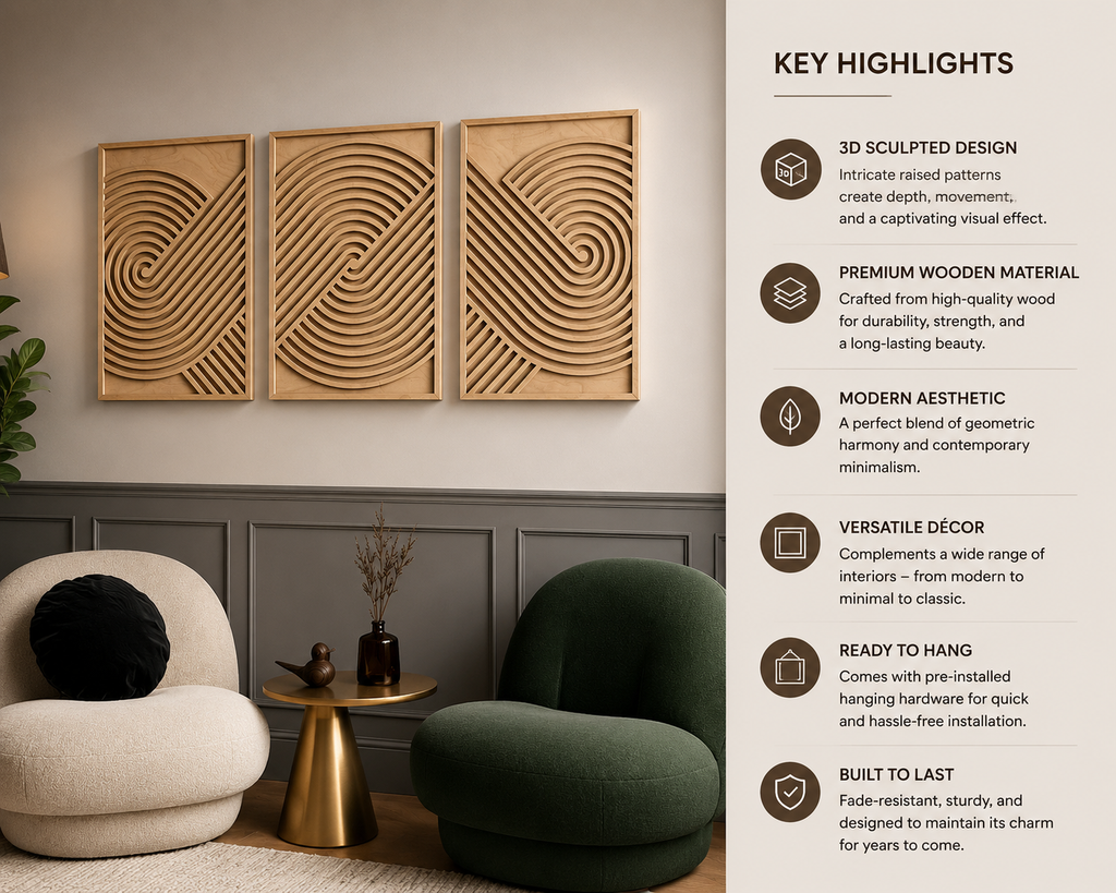 Nordic Wave Harmony – Handcrafted Wooden Geometric Triptych Wall Art on Stretched Wooden Canvas | Wallorah
