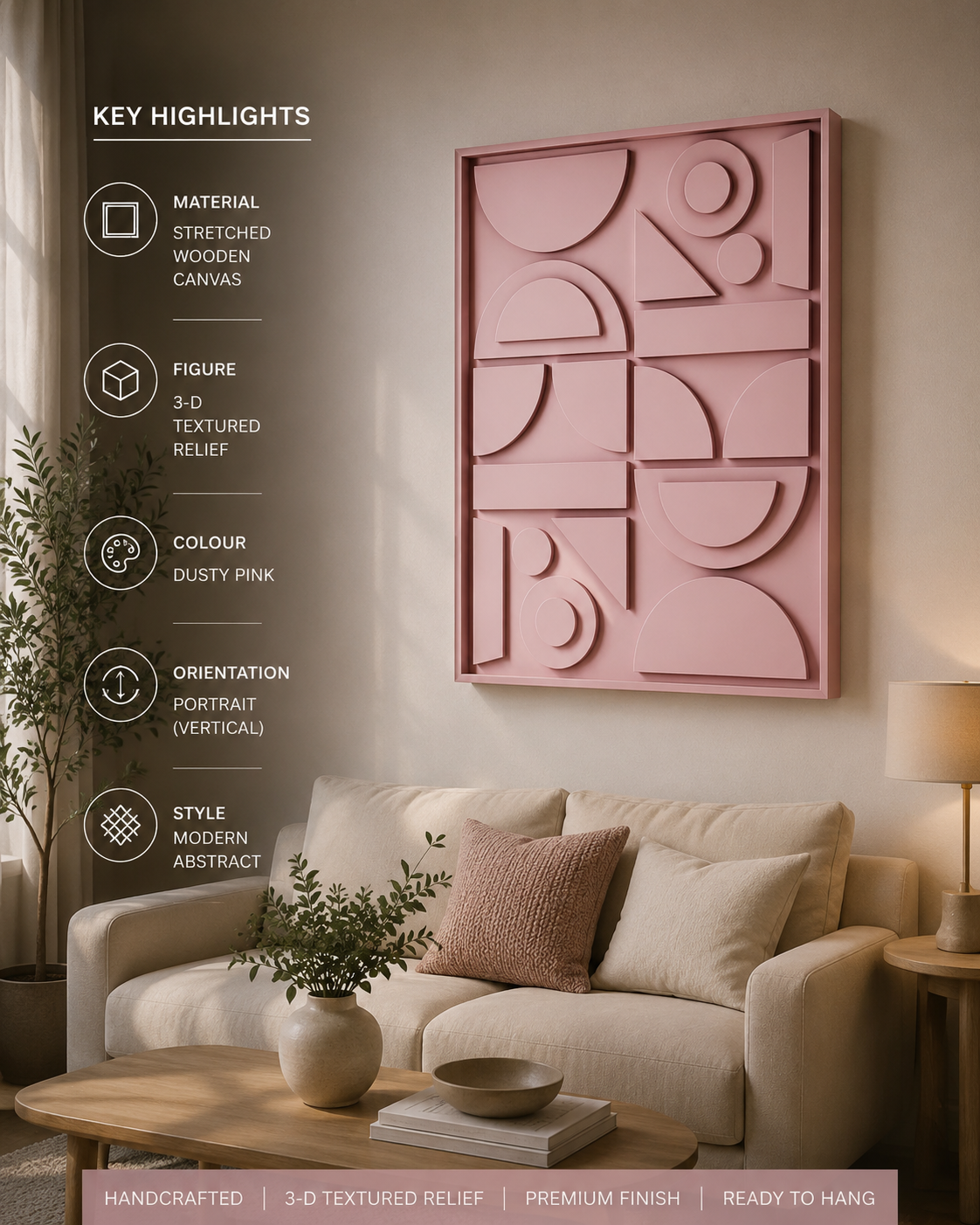 Blush Geometry – Blush Pink Handcrafted Geometric Wall Art on Stretched Wooden Canvas | Wallorah
