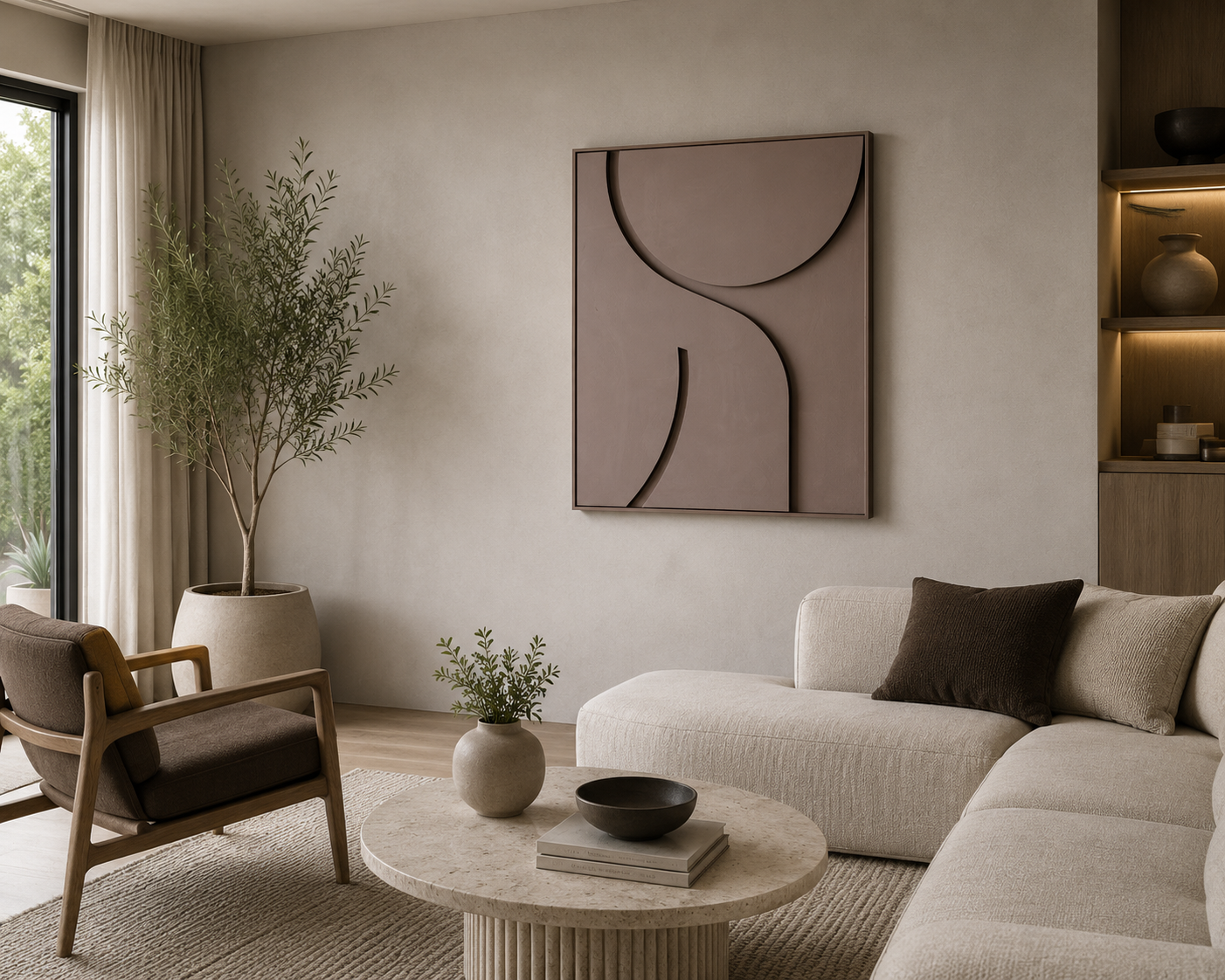 Mocha Curve – Handcrafted Taupe Geometric 3D Wall Art on Stretched Wooden Canvas | Wallorah