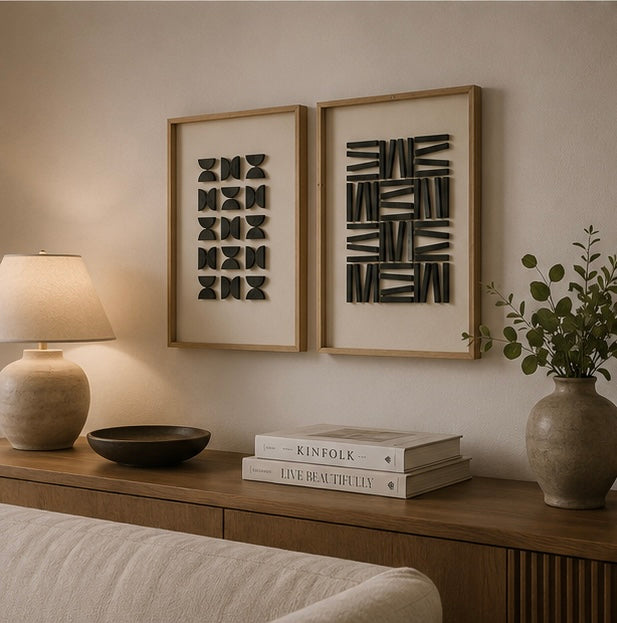 Monochrome Tribal Duo – Black & Ivory Handcrafted Abstract Wall Art Set on Stretched Wooden Canvas | Wallorah