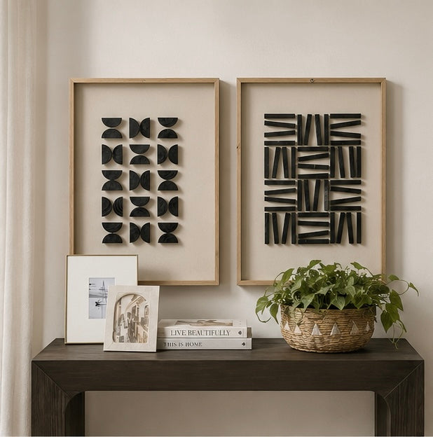 Monochrome Tribal Duo – Black & Ivory Handcrafted Abstract Wall Art Set on Stretched Wooden Canvas | Wallorah