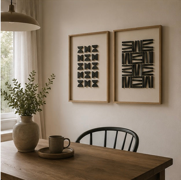 Monochrome Tribal Duo – Black & Ivory Handcrafted Abstract Wall Art Set on Stretched Wooden Canvas | Wallorah