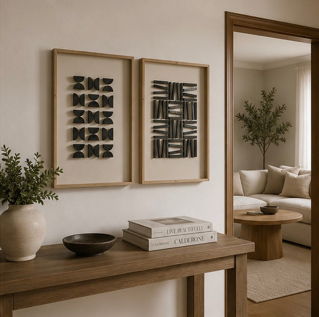 Monochrome Tribal Duo – Black & Ivory Handcrafted Abstract Wall Art Set on Stretched Wooden Canvas | Wallorah