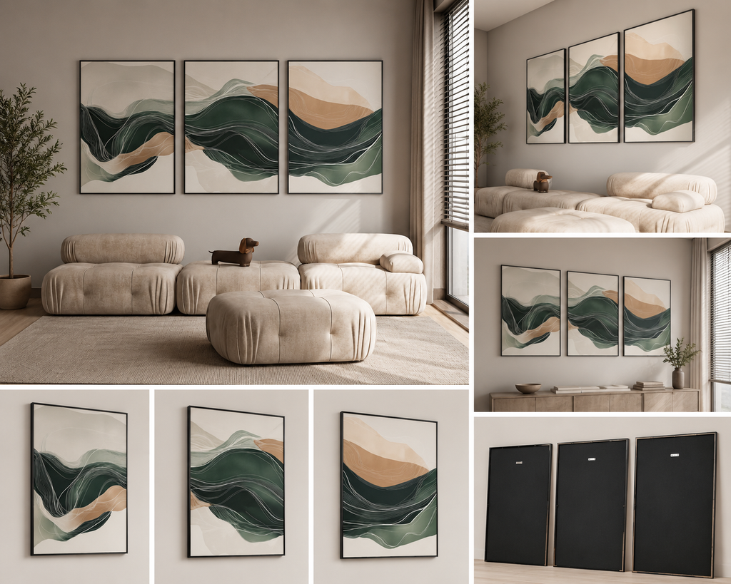 Emerald Flow | Set of 3 Abstract Landscape Canvas Wall Art | Premium UV Printed Ready-to-Hang