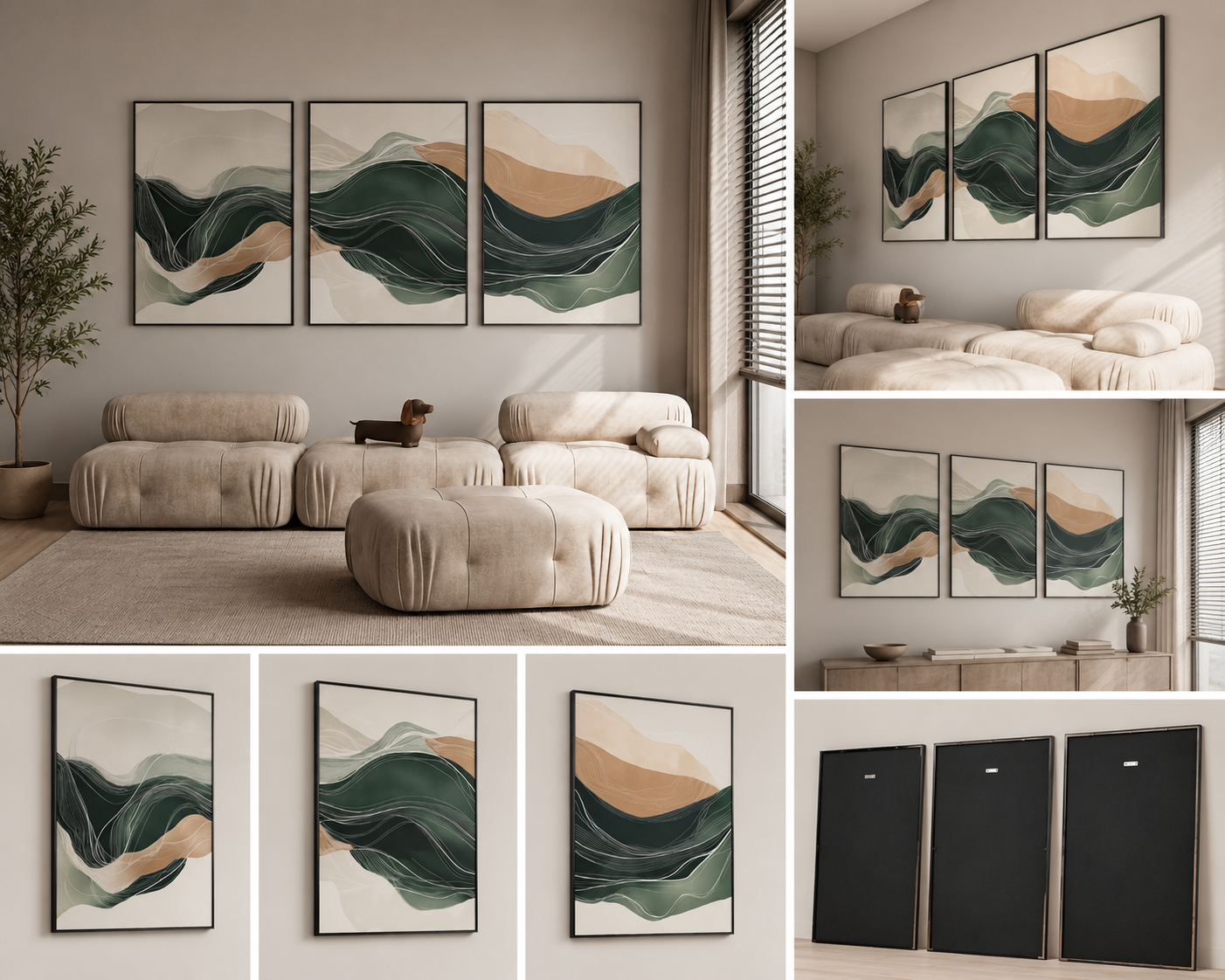Emerald Flow | Set of 3 Abstract Landscape Canvas Wall Art | Premium UV Printed Ready-to-Hang