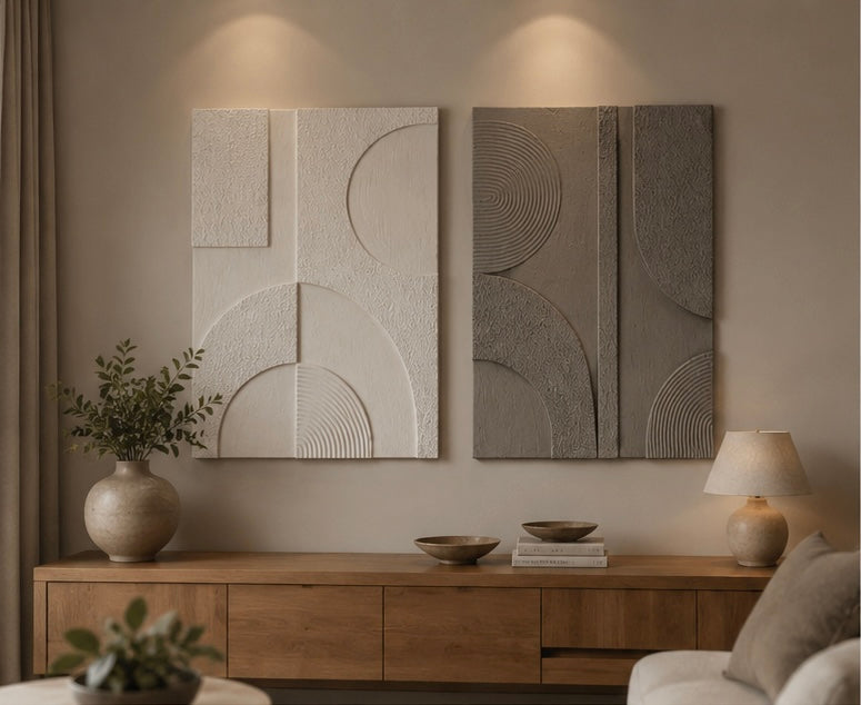 Ivory White & Grey Eclipse Relief – Handcrafted Abstract Wall Art on Stretched Wooden Canvas | Wallorah