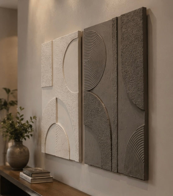 Ivory White & Grey Eclipse Relief – Handcrafted Abstract Wall Art on Stretched Wooden Canvas | Wallorah