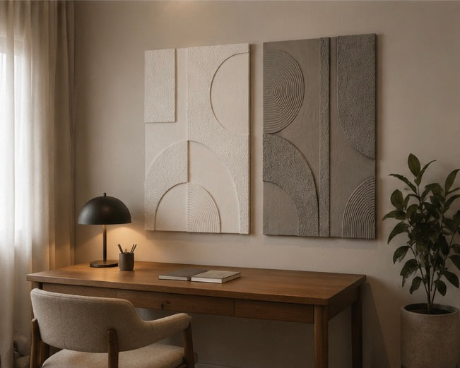 Ivory White & Grey Eclipse Relief – Handcrafted Abstract Wall Art on Stretched Wooden Canvas | Wallorah