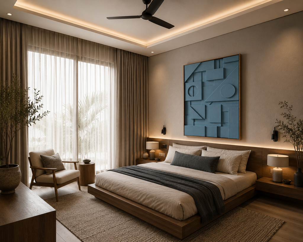 Slate Blue Geometric Relief Wall Art | Handcrafted 3D Wooden Wall Panel – Wallorah