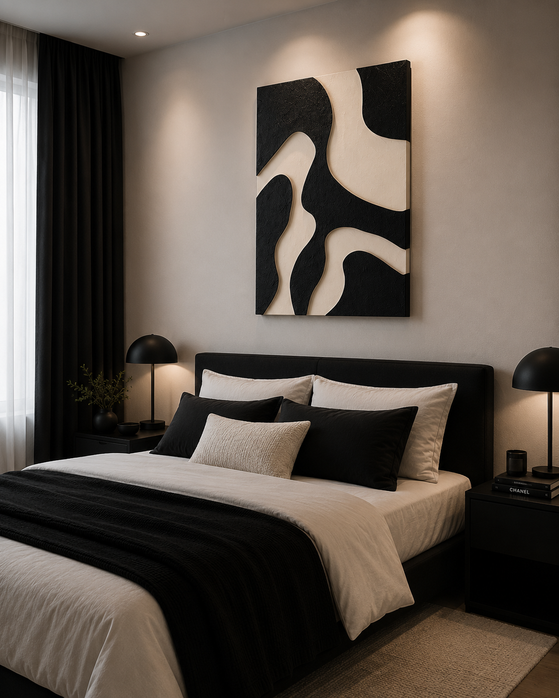 Monochrome Flow – Black & Ivory Organic Handcrafted Wall Art on Stretched Wooden Canvas | Wallorah