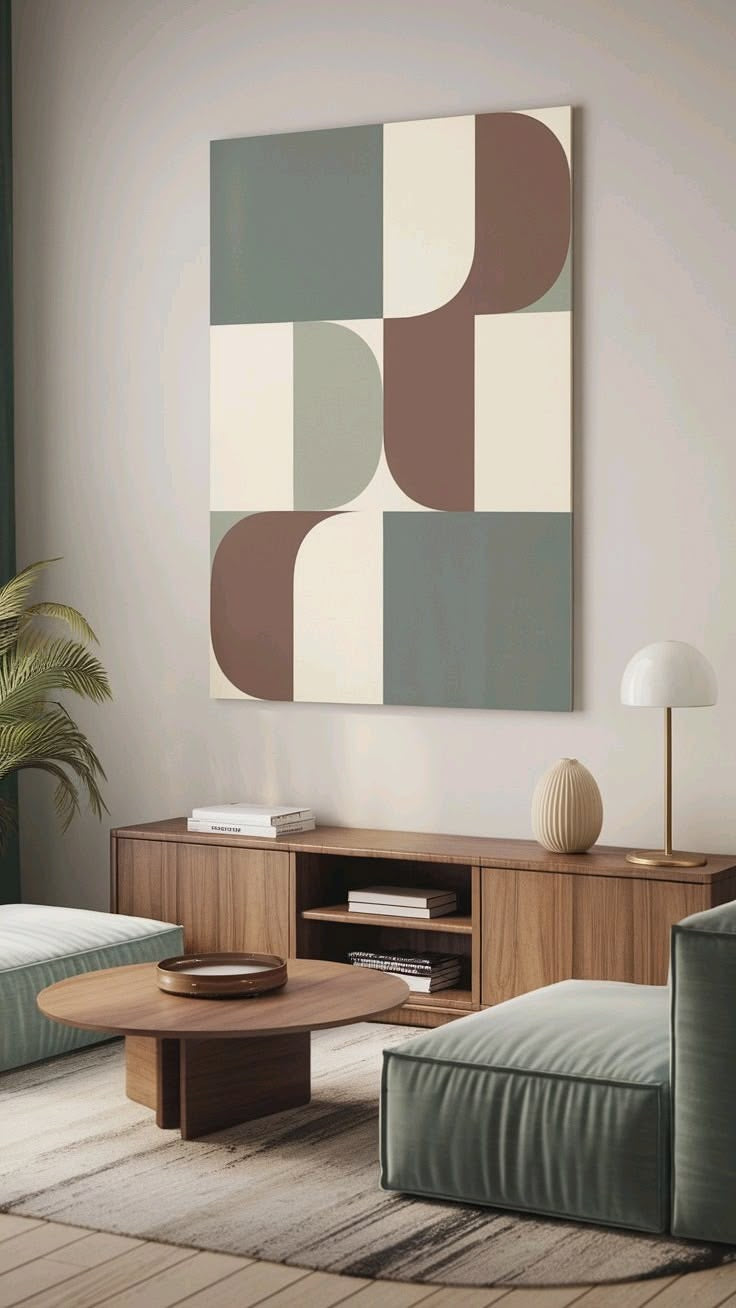 Geo Harmony – Mid-Century Modern Abstract Geometric Wall Art | Sage Green & Terracotta Minimalist Canvas Print | Scandinavian & Japandi Home Decor