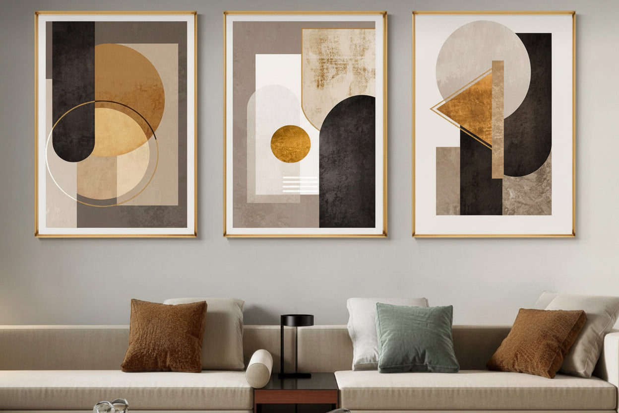 Luxe Geometry Gold | Set of 3 Abstract Canvas Wall Art | Premium UV Printed Ready-to-Hang