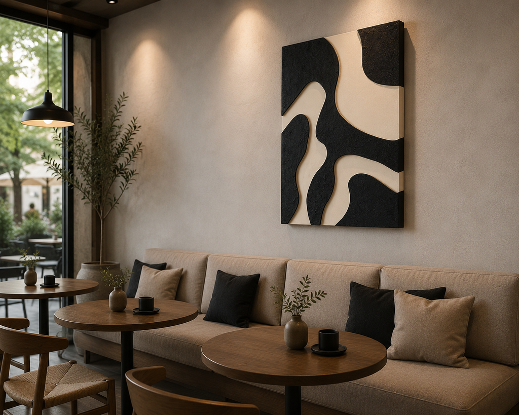 Monochrome Flow – Black & Ivory Organic Handcrafted Wall Art on Stretched Wooden Canvas | Wallorah
