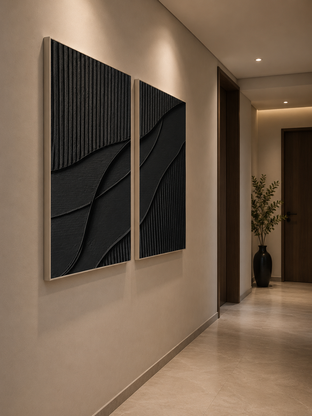Midnight Harmony – Handcrafted Matte Black Abstract Wall Art Set of 2 on Stretched Wooden Canvas | Wallorah