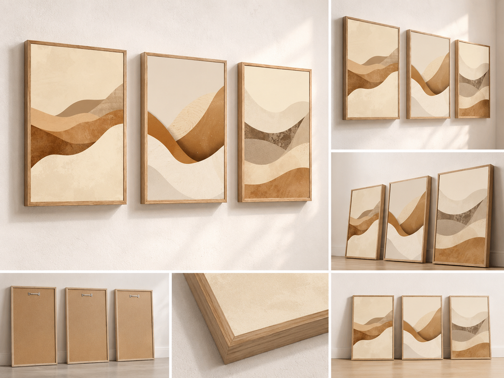 Desert Harmony – Neutral Abstract Wall Art Set of 3 | Premium Framed Canvas | Beige & Earth Tone Minimalist Wall Decor