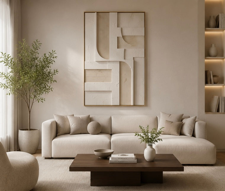 Ivory Linen Linear Relief – Handcrafted Abstract Wall Art on Stretched Wooden Canvas | Wallorah