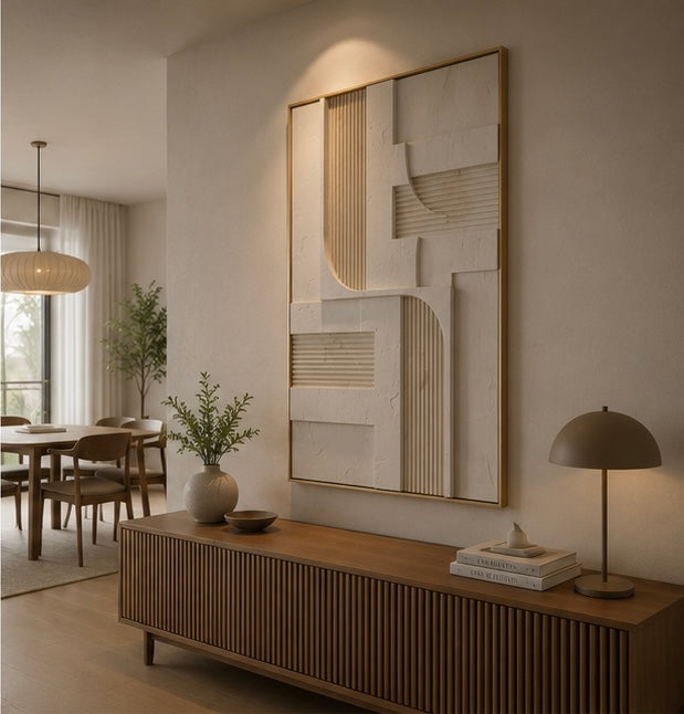 Ivory Linen Linear Relief – Handcrafted Abstract Wall Art on Stretched Wooden Canvas | Wallorah