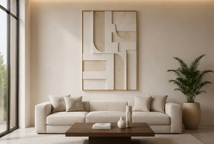 Ivory Linen Linear Relief – Handcrafted Abstract Wall Art on Stretched Wooden Canvas | Wallorah