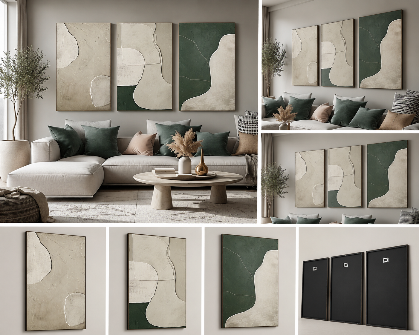 Verdant Serenity | Set of 3 Abstract Botanical Canvas Wall Art | Premium UV Printed Ready-to-Hang