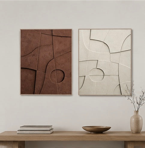 Earth & Ivory Harmony – Handcrafted Abstract Wall Art (Set of 2) | Stretched Wooden Canvas | Wallorah