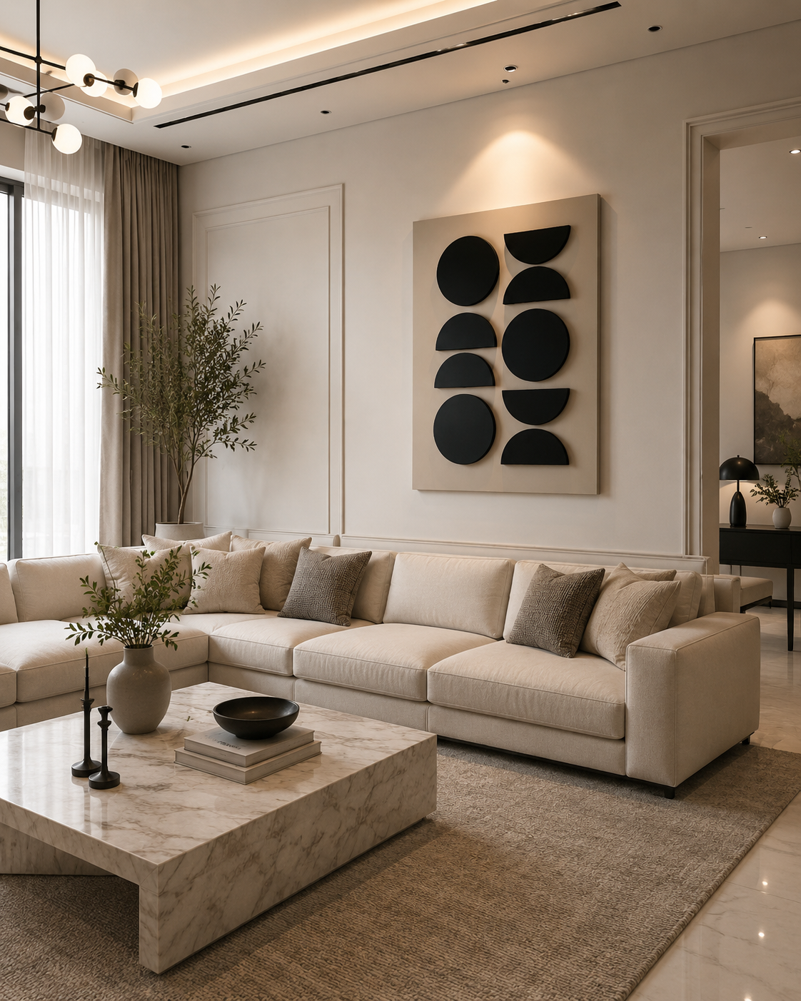 Monochrome Orbit – Black & Beige Handcrafted Geometric Wall Art on Stretched Wooden Canvas | Wallorah