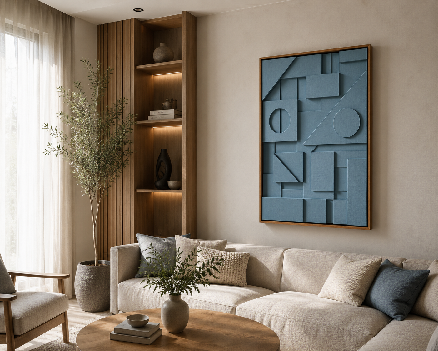 Slate Blue Geometric Relief Wall Art | Handcrafted 3D Wooden Wall Panel – Wallorah