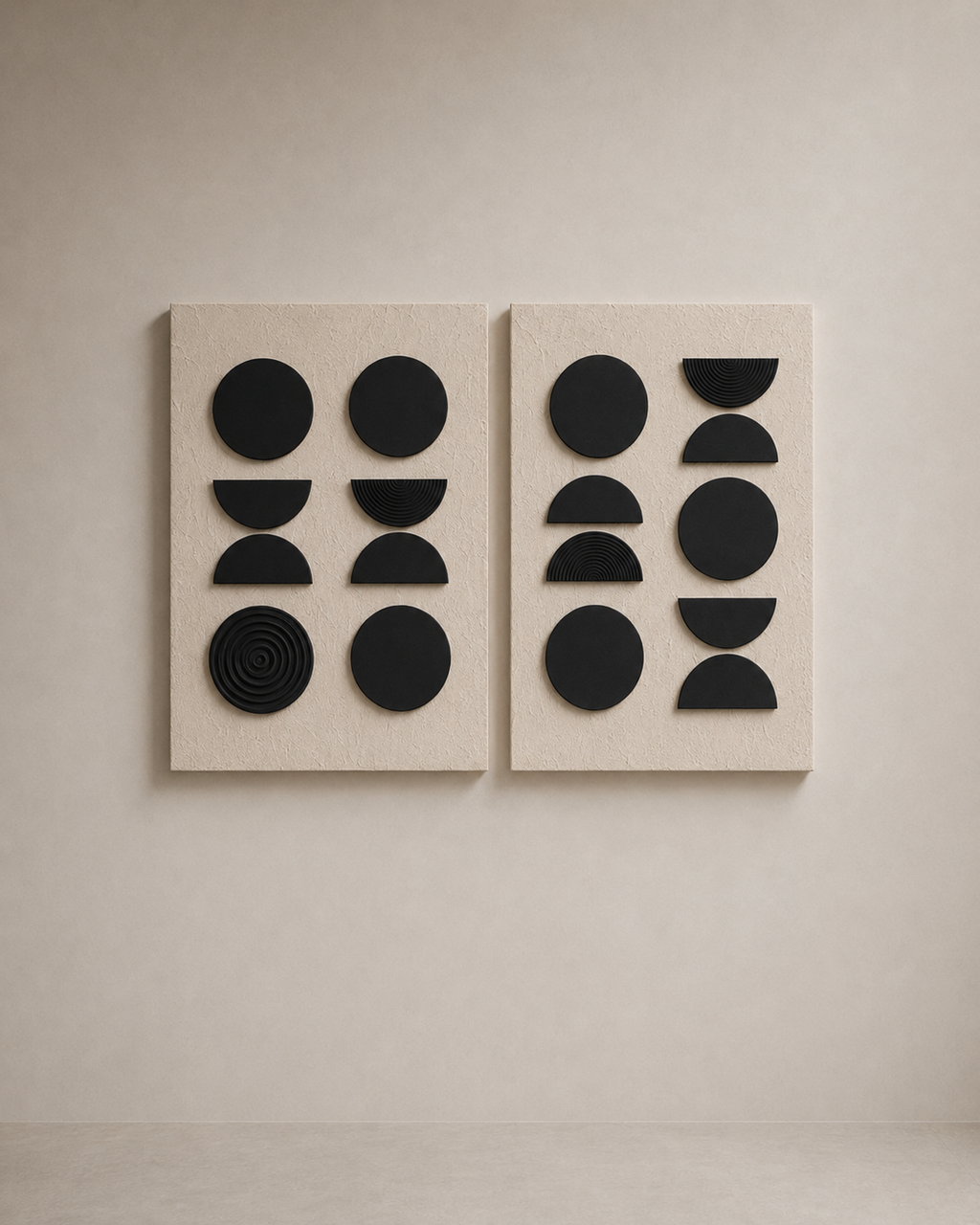 Harmony Circles Duo – Black & Ivory Geometric Handcrafted Wall Art Set on Stretched Wooden Canvas | Wallorah