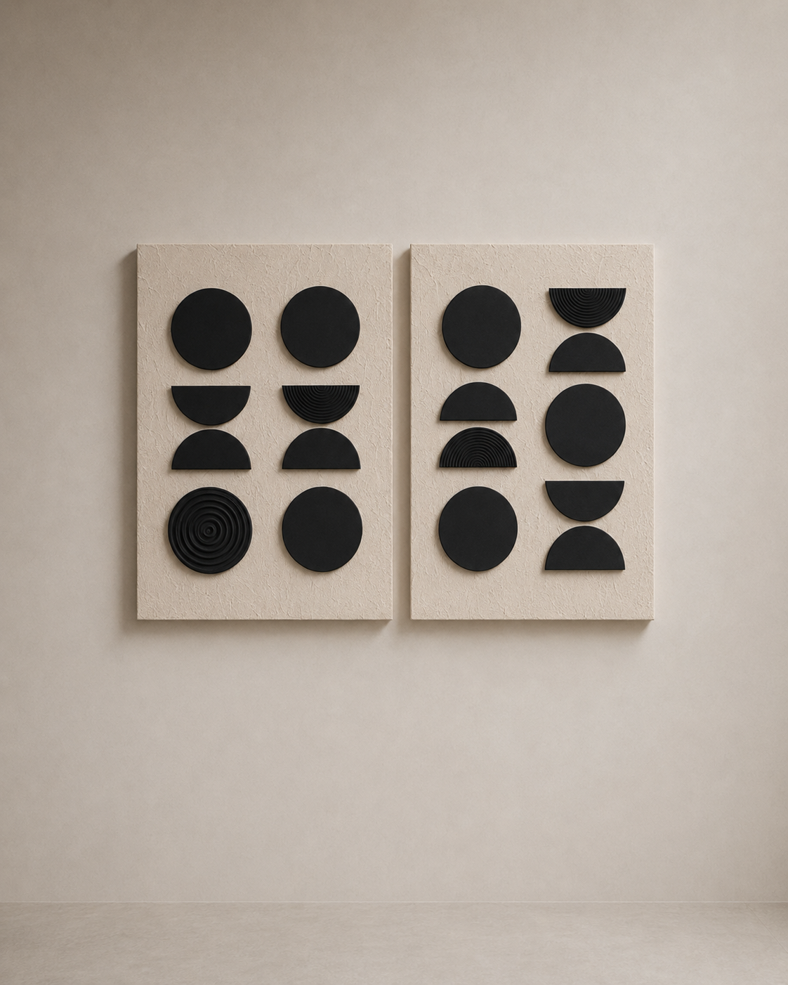 Harmony Circles Duo – Black & Ivory Geometric Handcrafted Wall Art Set on Stretched Wooden Canvas | Wallorah
