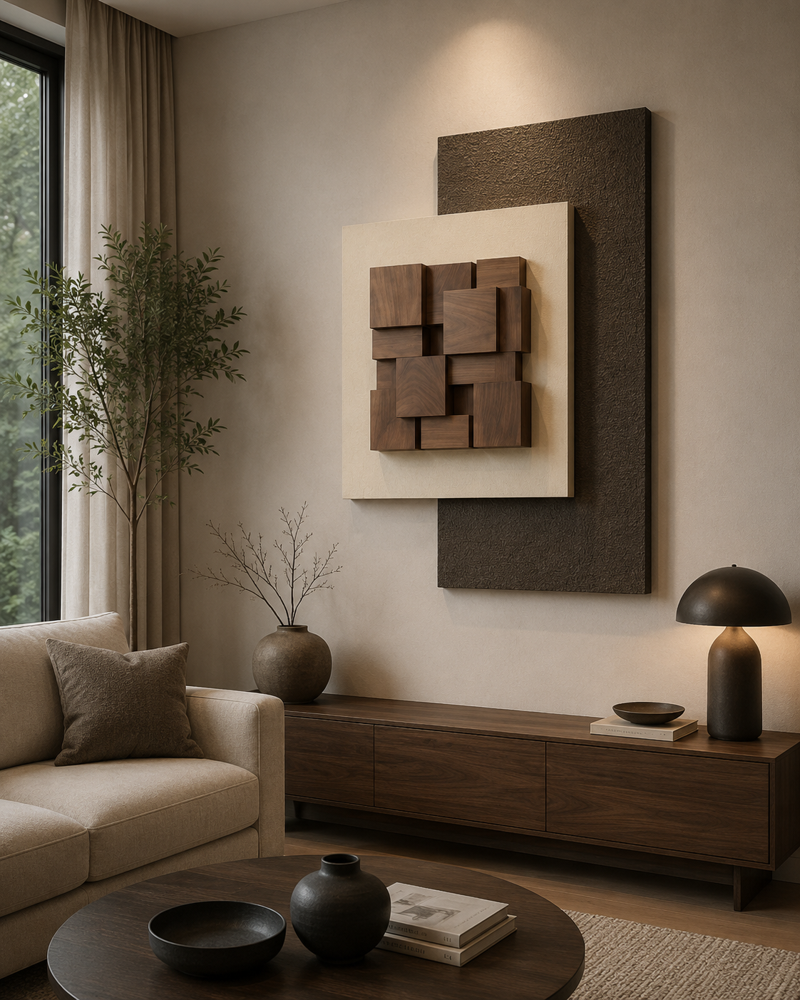 Walnut Mosaic – Walnut Brown, Ivory & Charcoal Handcrafted 3D Abstract Wall Art on Stretched Wooden Canvas | Wallorah