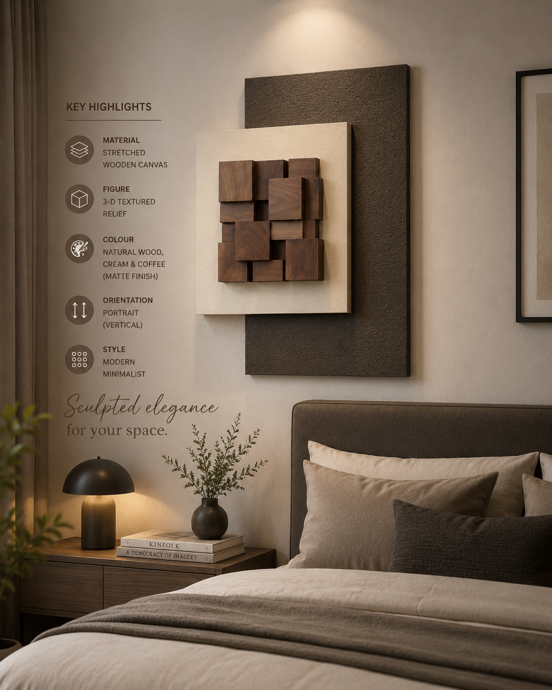 Walnut Mosaic – Walnut Brown, Ivory & Charcoal Handcrafted 3D Abstract Wall Art on Stretched Wooden Canvas | Wallorah
