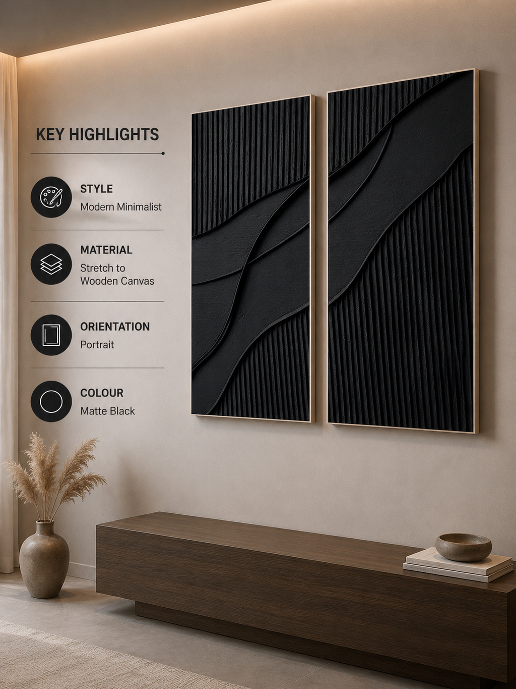 Midnight Harmony – Handcrafted Matte Black Abstract Wall Art Set of 2 on Stretched Wooden Canvas | Wallorah
