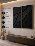 Midnight Harmony – Handcrafted Matte Black Abstract Wall Art Set of 2 on Stretched Wooden Canvas | Wallorah