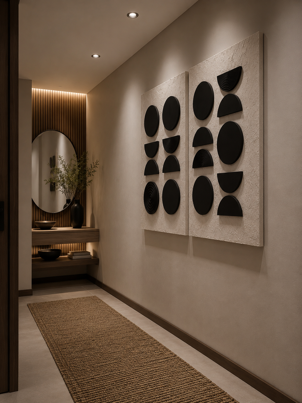 Harmony Circles Duo – Black & Ivory Geometric Handcrafted Wall Art Set on Stretched Wooden Canvas | Wallorah