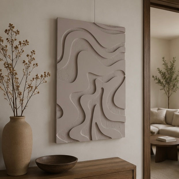 Flowing Dunes – Warm Greige Handcrafted Abstract Textured Wall Art on Stretched Wooden Canvas | Wallorah