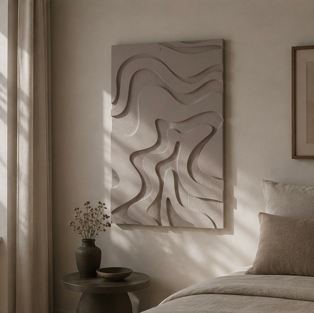 Flowing Dunes – Warm Greige Handcrafted Abstract Textured Wall Art on Stretched Wooden Canvas | Wallorah