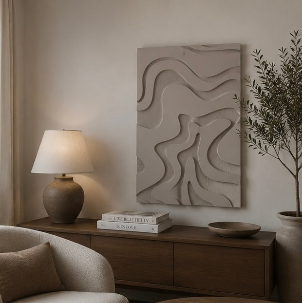 Flowing Dunes – Warm Greige Handcrafted Abstract Textured Wall Art on Stretched Wooden Canvas | Wallorah