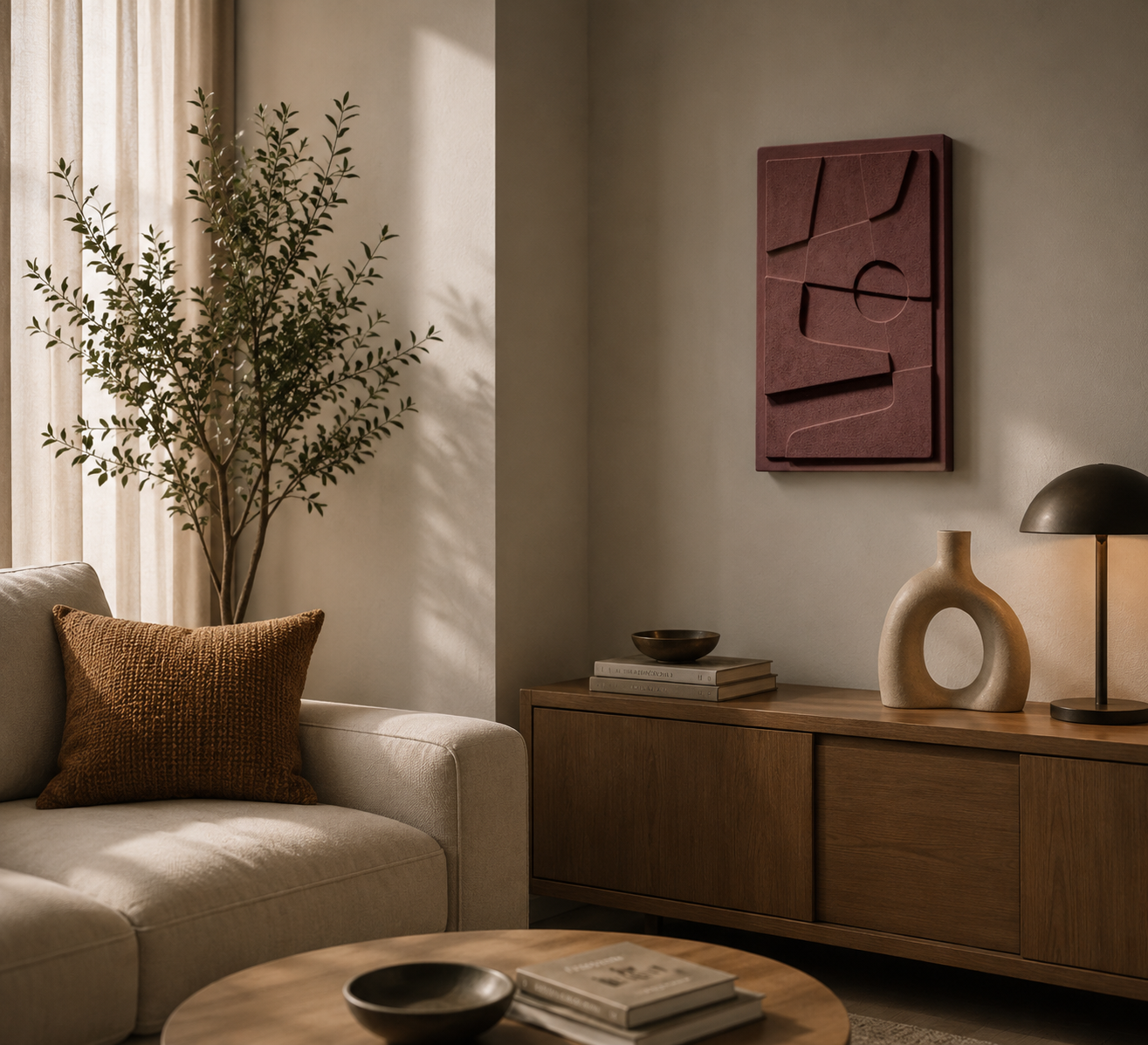 Burgundy Abstract Relief Wall Art | Handcrafted 3D Sculptural Wall Décor – Wallorah