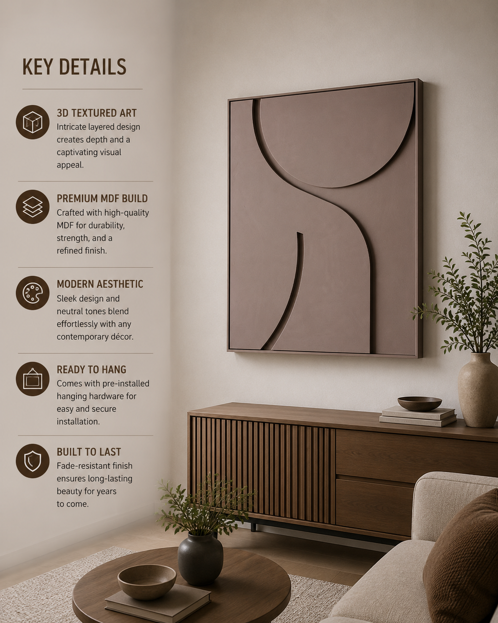 Mocha Curve – Handcrafted Taupe Geometric 3D Wall Art on Stretched Wooden Canvas | Wallorah