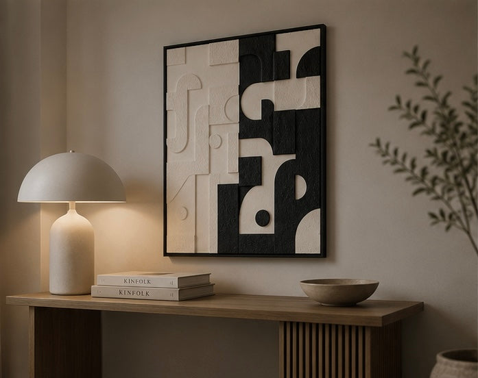 Monochrome Contrast Geometry – Black & Ivory Handcrafted Abstract Wall Art on Stretched Wooden Canvas | Wallorah