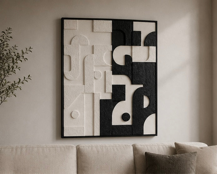 Monochrome Contrast Geometry – Black & Ivory Handcrafted Abstract Wall Art on Stretched Wooden Canvas | Wallorah