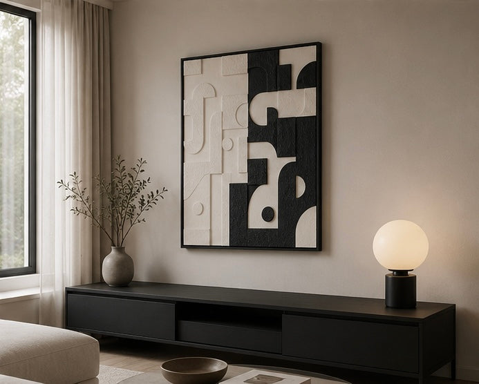 Monochrome Contrast Geometry – Black & Ivory Handcrafted Abstract Wall Art on Stretched Wooden Canvas | Wallorah