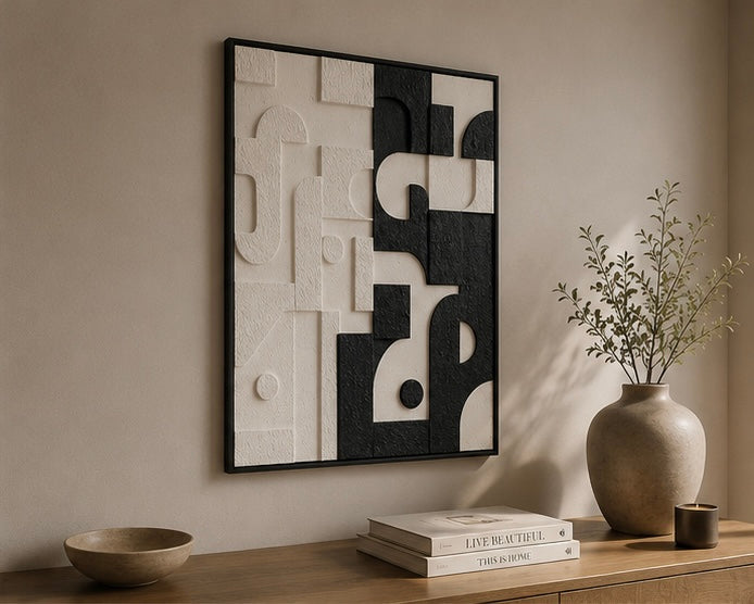 Monochrome Contrast Geometry – Black & Ivory Handcrafted Abstract Wall Art on Stretched Wooden Canvas | Wallorah