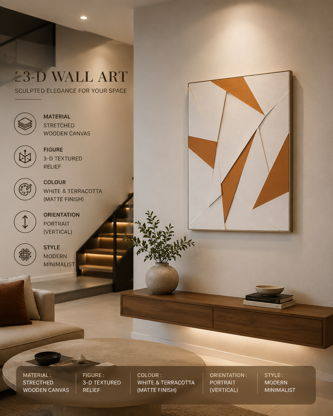 Terracotta Prism – Terracotta & White Handcrafted Geometric Wall Art on Stretched Wooden Canvas | Wallorah