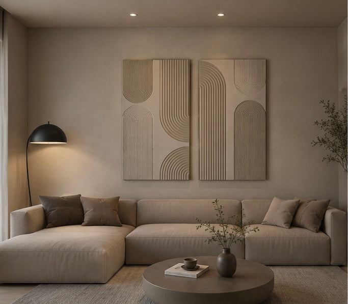 Stone Greige Arch Lines Duo – Handcrafted Abstract Wall Art on Stretched Wooden Canvas | Wallorah
