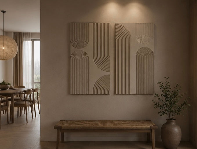 Stone Greige Arch Lines Duo – Handcrafted Abstract Wall Art on Stretched Wooden Canvas | Wallorah