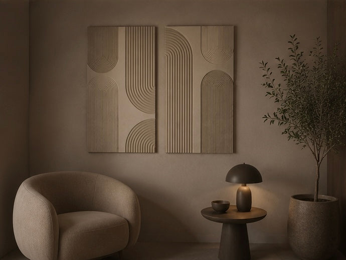 Stone Greige Arch Lines Duo – Handcrafted Abstract Wall Art on Stretched Wooden Canvas | Wallorah