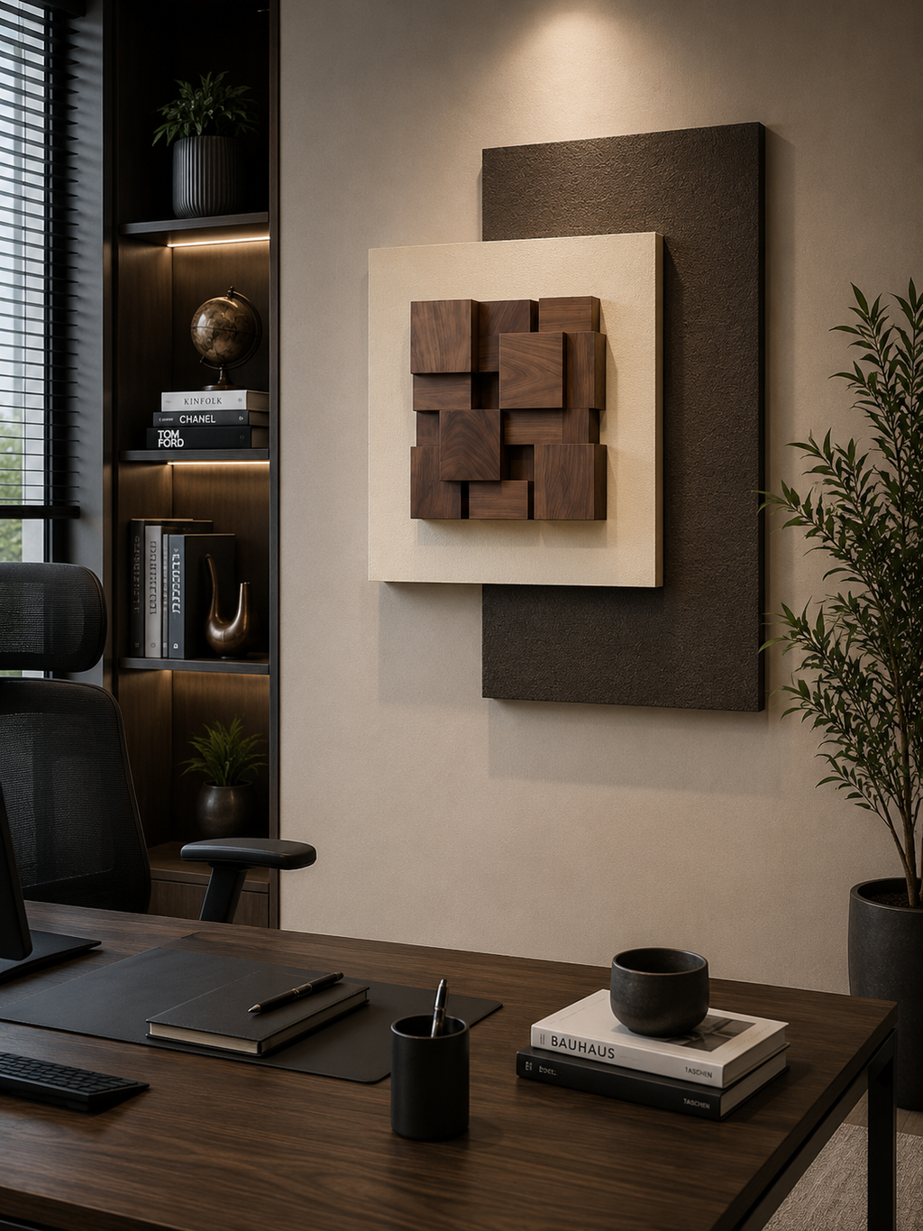 Walnut Mosaic – Walnut Brown, Ivory & Charcoal Handcrafted 3D Abstract Wall Art on Stretched Wooden Canvas | Wallorah