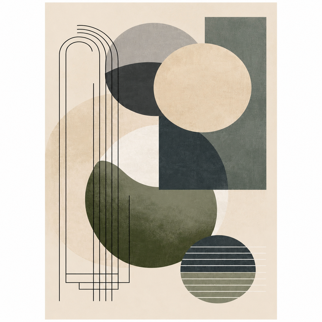Modern Geometric Balance Abstract Wall Art | Neutral Green Framed Canvas – Wallorah