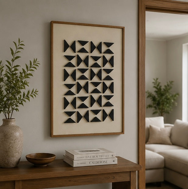 Monochrome Triangle Mosaic – Black & Ivory Handcrafted Geometric Wall Art on Stretched Wooden Canvas | Wallorah